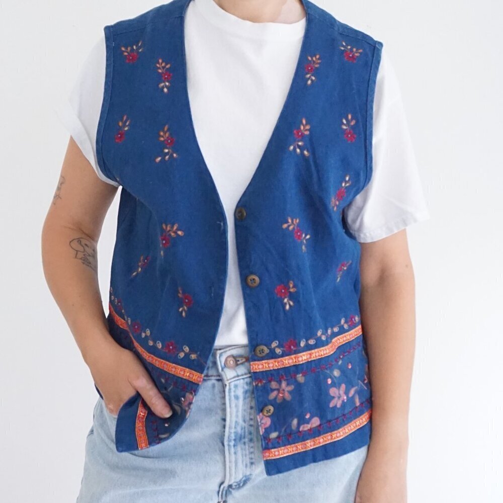 Vintage Napa Valley Blue Embroidered Vest L Folk Boho Cottagecore Layering